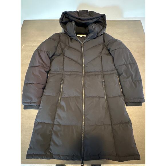 Calvin Klein Womens Puffer Coat Jacket Sz Small Black Long Winter Hooded Ski - Picture 1 of 7